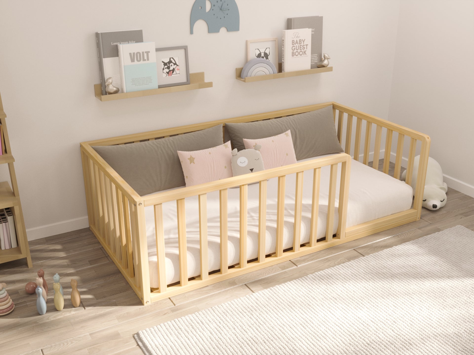 Montrose - Montessori Floor Bed with Cylindrical Railings and Curved Corners