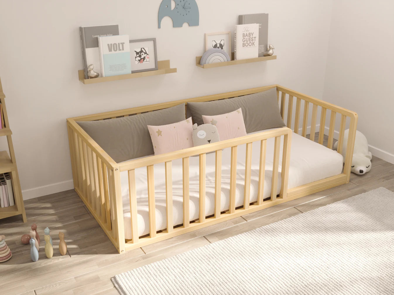 Ludlow - Montessori Floor Bed with Railings and Curved Corners