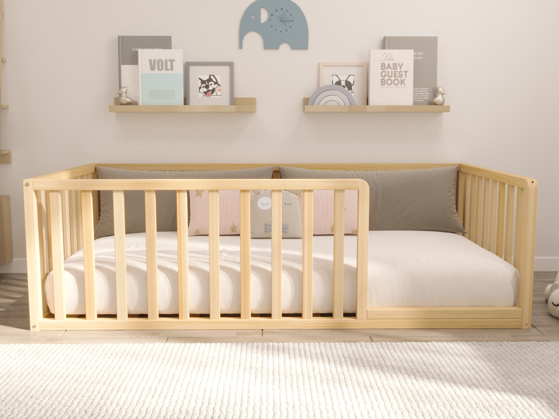 Montrose - Montessori Floor Bed with Cylindrical Railings and Curved Corners