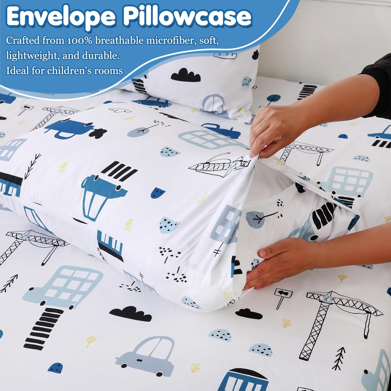 Twin Bed Sheets Boys Kids Construction Car Sheet Set 15-Inch Deep Pocket Fitted Sheet Soft Microfiber 3 Pieces Bedding Sets with Pillowcase