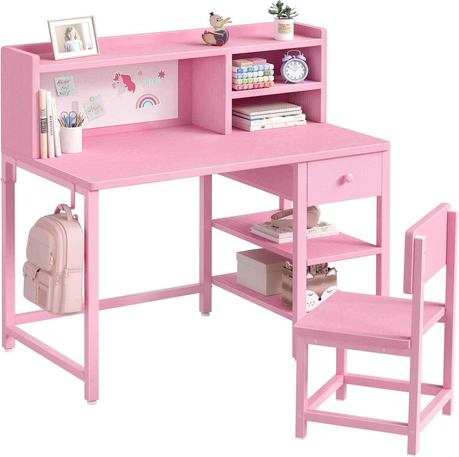 Kids Desk and Chair Set for 6-12 Year Old, Children Study Desk with Hutch and Storage Shelf