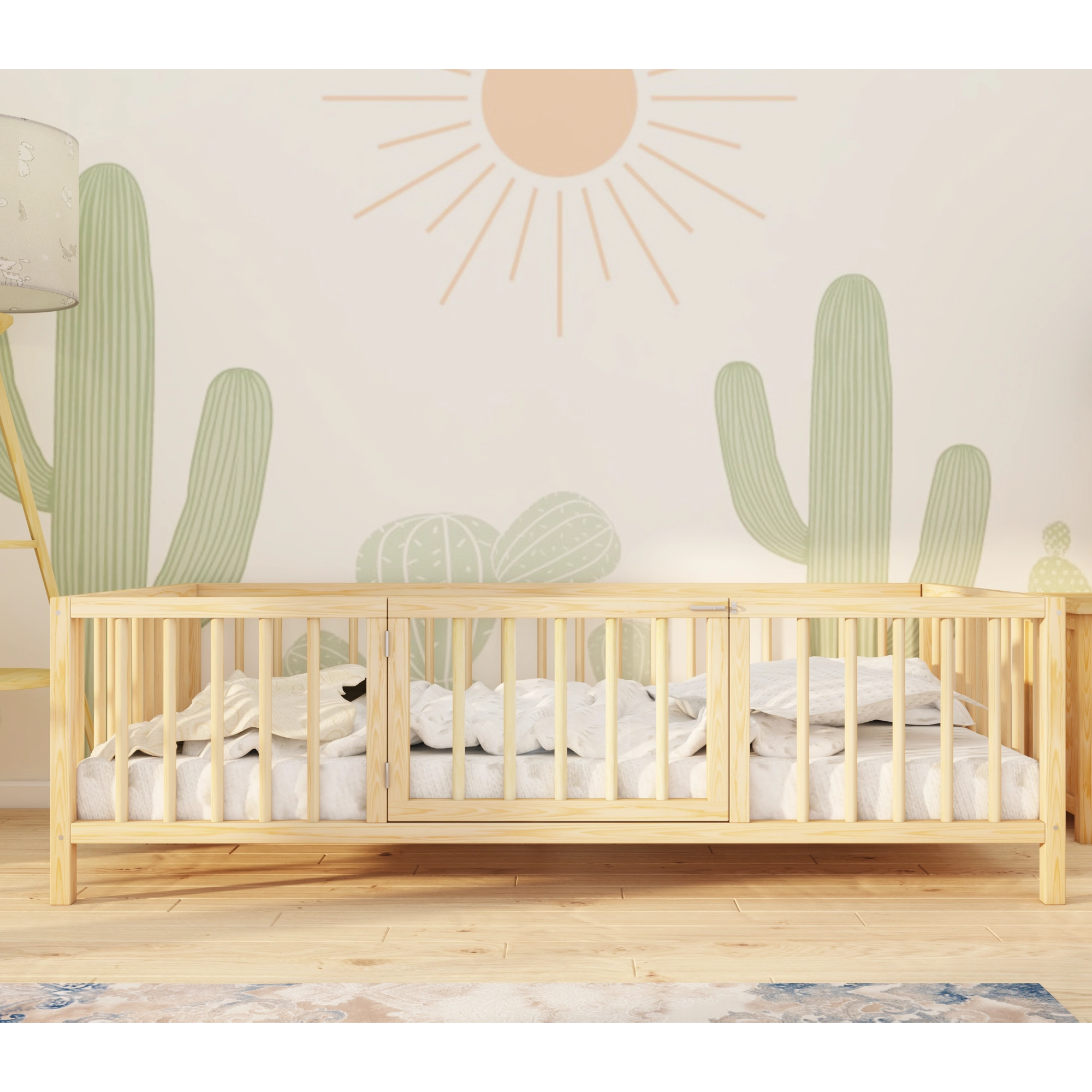 Sheffield - Montessori Playpen Low Bed with Cylindrical Railings and Gate