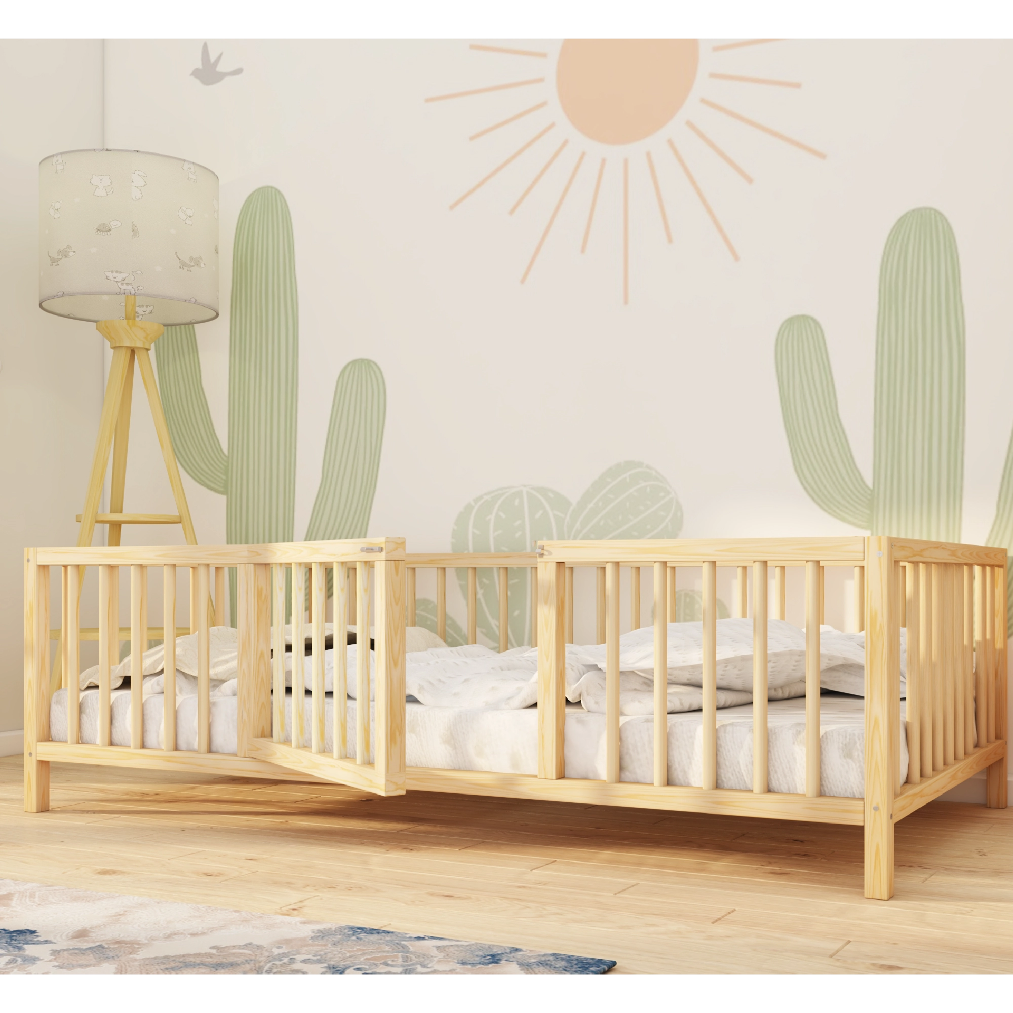 Sheffield - Montessori Playpen Low Bed with Cylindrical Railings and Gate