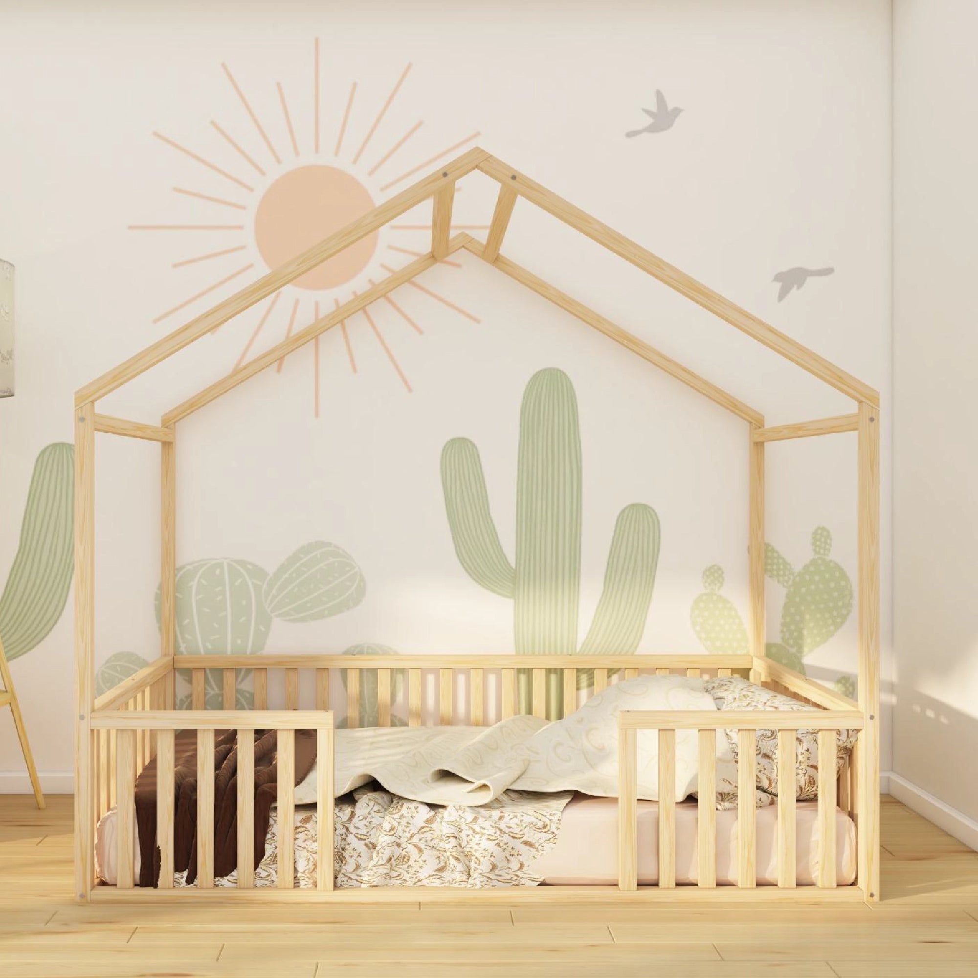 Kingsley - Montessori Playhouse Floor Bed with Railings
