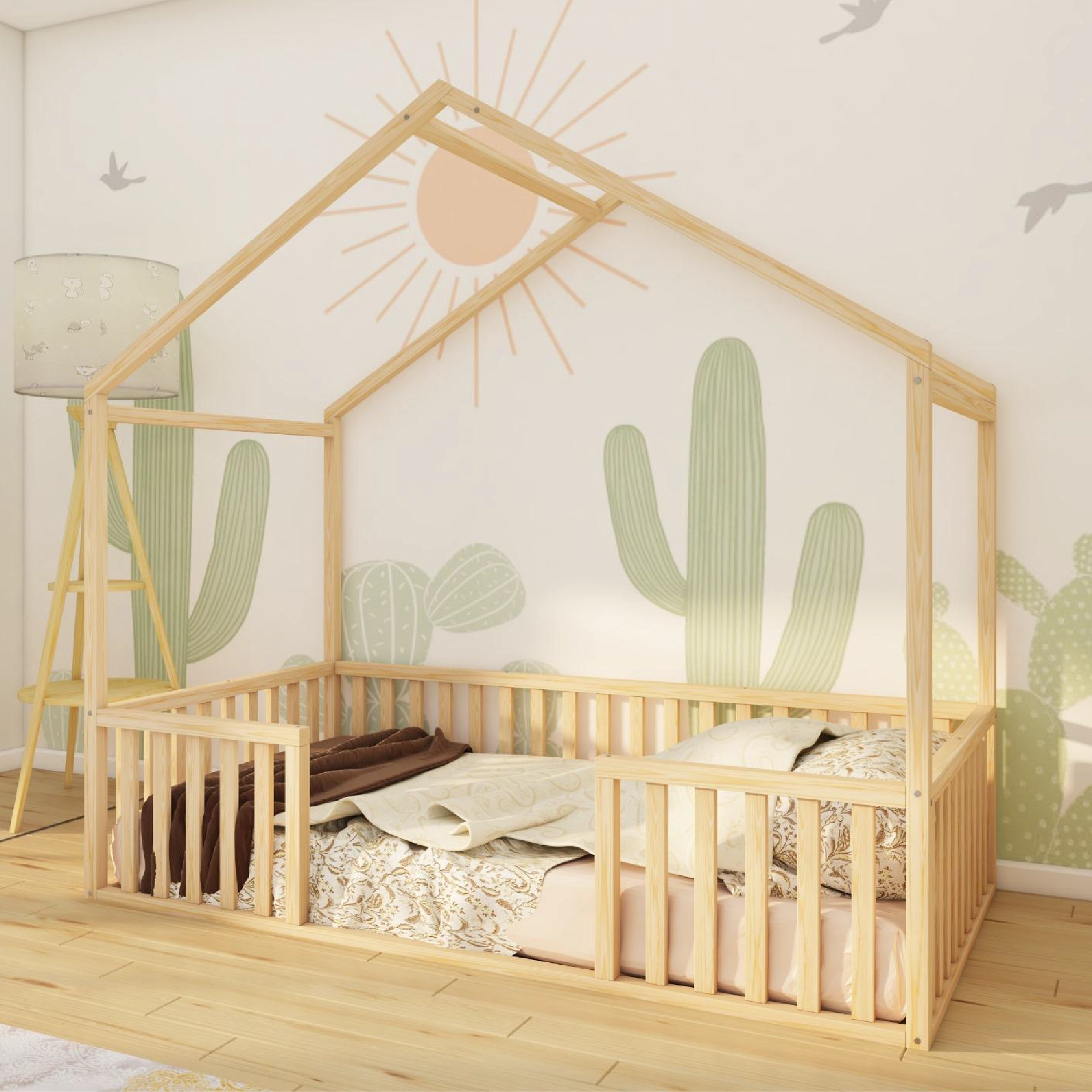 Kingsley - Montessori Playhouse Floor Bed with Railings