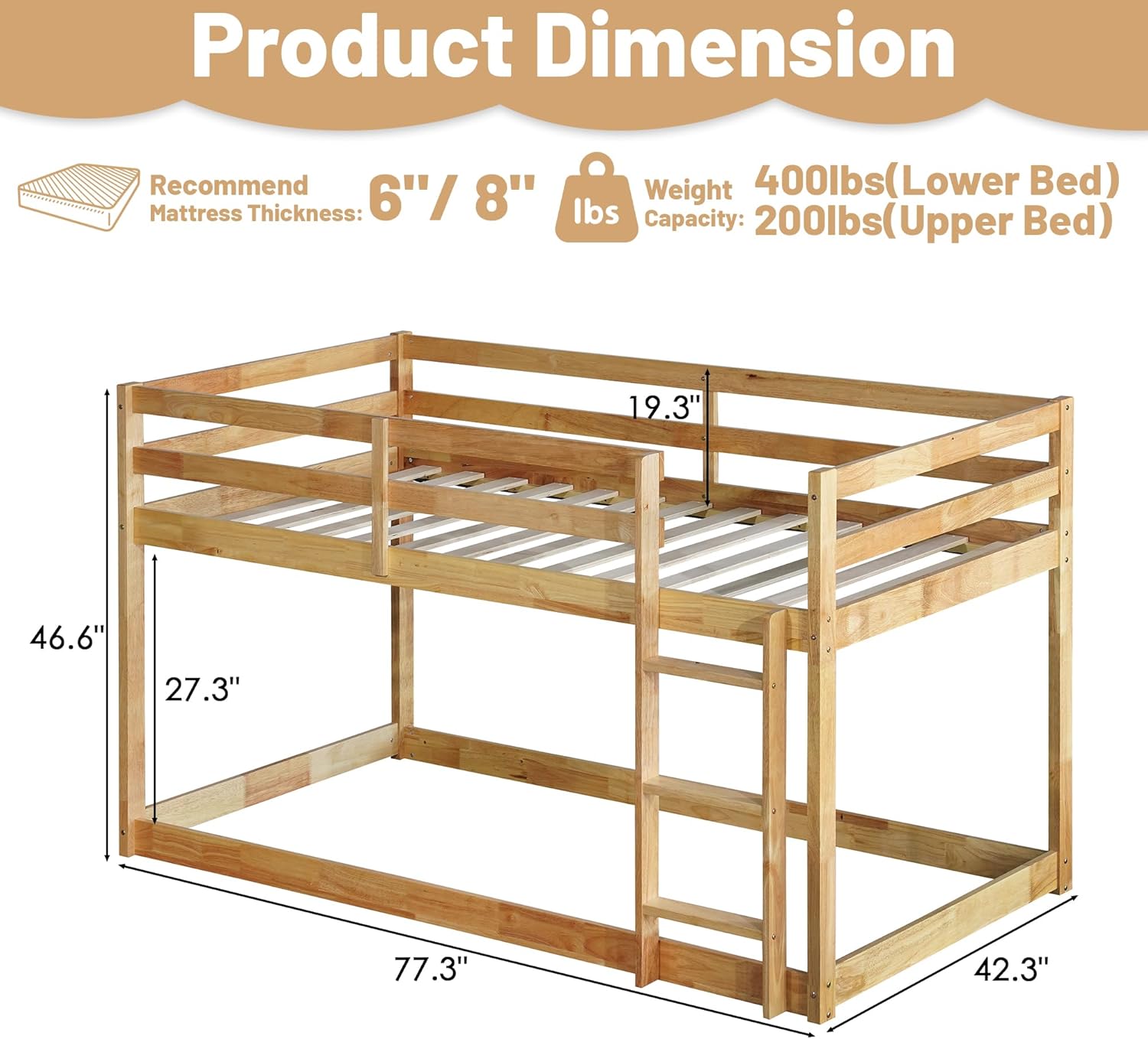 Bunk Bed Twin Over Twin, Wood Low Profile Floor Twin Bunk Beds with Ladder Guardrails for Kids Boys and Girls, No Box Spring Needed
