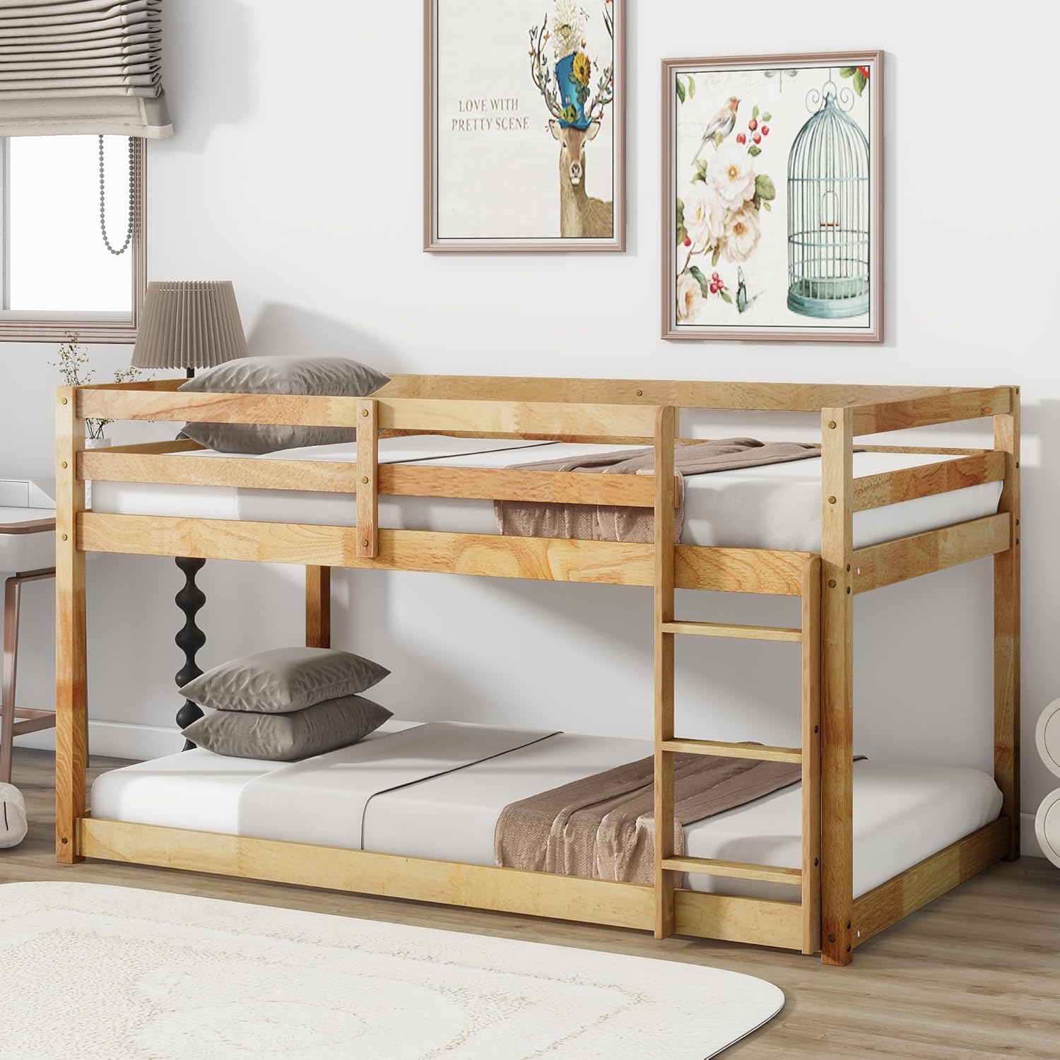 Bunk Bed Twin Over Twin, Wood Low Profile Floor Twin Bunk Beds with Ladder Guardrails for Kids Boys and Girls, No Box Spring Needed