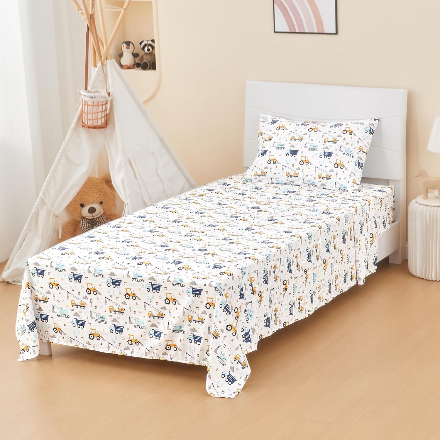 Blue Excavator Car Pattern, Kids Boys Twin Fitted Sheet Set